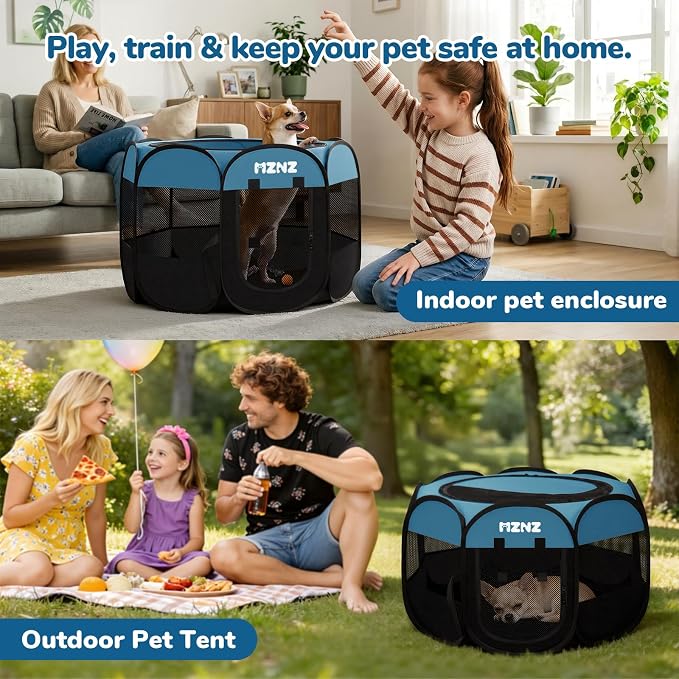 Dog Cat Small Animal Puppy Playpen Crate, Small, Blue Black | Portable Pop Up Pet Cage Enclosure Tent Kennel Indoor Outdoor with Carrying Case, No Assembly, Camping Use