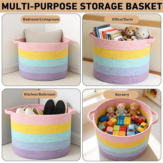 115L Large Blanket Basket,Rope Woven Laundry Basket-Colorful | Collapsible, reinforced handles, nursery storage bin organizes clothes, toys and pillows for living room, bedroom bathroom