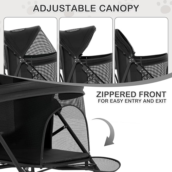 MoNiBloom Pet Stroller for Small/Medium Dogs and Cats up to 22 lbs, Black | Foladble 4 Wheels Easy-Fold Puppy Cage Jogger Stroller with Sun Cover, Pad and Rear Storage Bag, Breathable and Visible Mesh