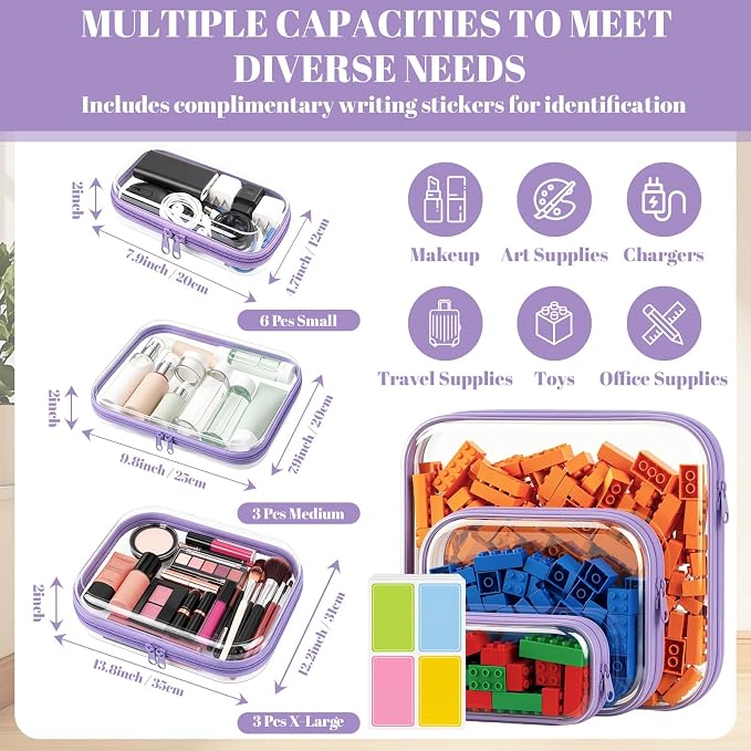 12 Pack Clear Hard Shell Zipper Case with 40 Labels, X-Large/Medium/Small Stackable Clear Pouches, Crush-resistant Travel Toiletry Bag Organizer for Makeup Board Games Electronics (Purple)