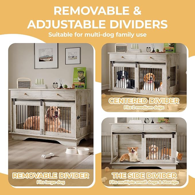Double Dog Crate Furniture with 2 Drawers, 47" TV Stand Style Kennel with Removable Divider for 2 Large/Medium/Small Dogs, Decorative Side Table Indoor Pet Cage Grey | Removable Divider, Dog Crate for 2 Large/Medium/Small Dogs, Decorative Side Table In...