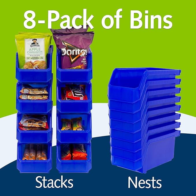 Medium Stackable Plastic Storage Bins, 8-Pack, Blue | Open-Front Stackable Bins For Garage, Pantry, Closet & Office, 11"L X 5,5"W X 5"H, Nests When Empty, Durable Plastic,