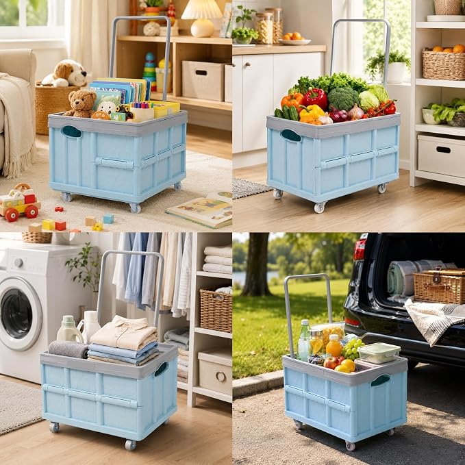 Collapsible Storage Bins with Lids, Folding Plastic Stackable Utility Crates 30L, Plastic Tote Storage Box Container Stackable Folding Utility Crates for Clothes Books Snack Shoe and Grocery Storage