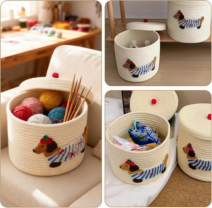 Cute Dog Cotton Rope Storage Basket with Lid, 10"×10"×9" Woven Storage Bin, Large Capacity Dustproof Toy Organizer, Decorative Laundry Hamper for Living Room, Nursery, Kids Room (Large)