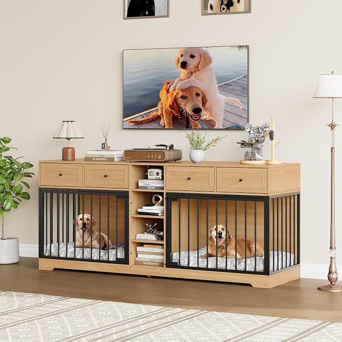 Dog Crate Furniture for 2 Dogs, Double Dog Crate TV Stand, Natural | 82" Large Dog Kennel Indoor with 4 Storage Drawers and 4 Shelves, Suitable for Small, Medium and Large Dogs