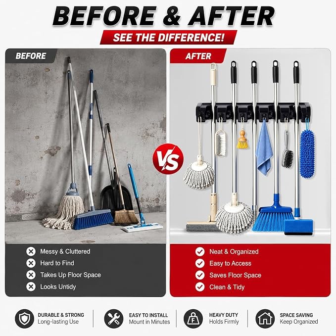 HYRIXDIRECT Broom Hanger Wall Mount, Broom Mop Organizer for Garage | 5 slots, 6 hooks, 7.5 lbs/slot, heavy-duty, space-saving, fits long-handled tools, mops, rakes, shovels, garage, shed
