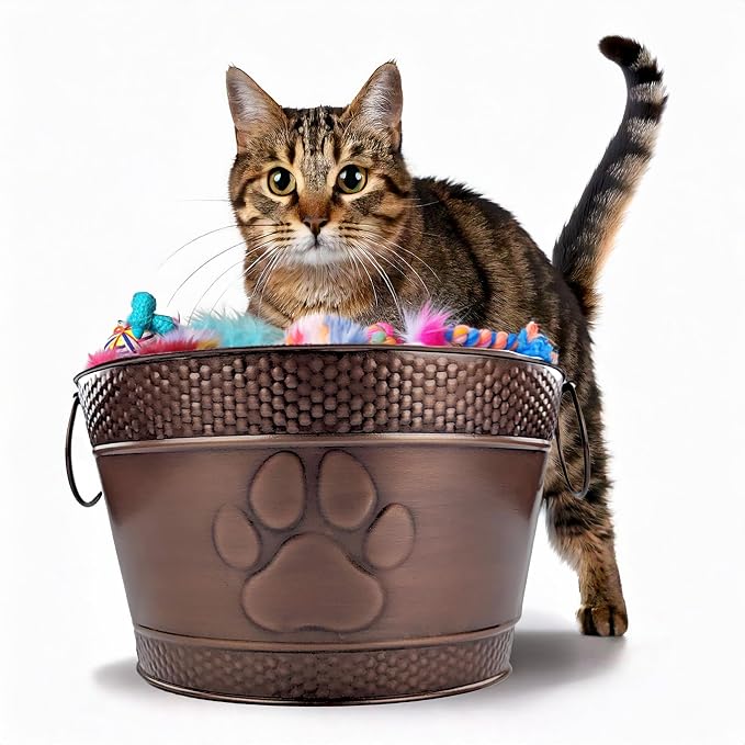 BREKX Metal Indestructible Dog Toy Bin - Chew-Proof Storage Bin | Copper Finish Farmhouse Organizer Storage Basket for Pet Toys, Blankets, Leashes with a Embossed Paw-Print