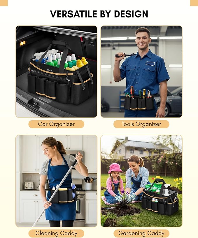 Ytonet Cleaning Caddy Bag, Extra Large Cleaning Supplies Organizer, Black | Detachable Apron & Foldable Dividers, 900D Cleaning Tote with Handle, Portable Cleaner Caddy for Housekeeper, Detailing Bag
