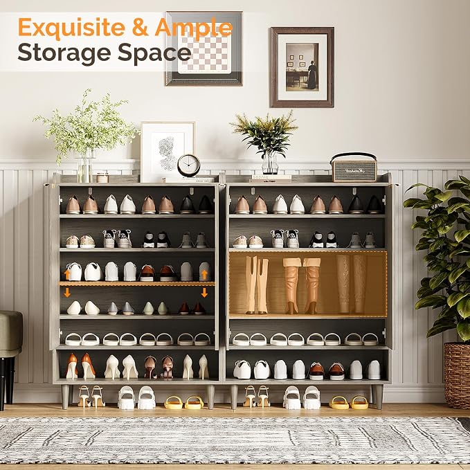 VINGLI Shoe Cabinet with Fluted Doors, 6 Tier Large Wooden Entryway Shoe Storage Cabinet with Adjustable Shelves,44.5" Tall Modern Freestanding Shoe Rack Organizer for Entryway, Hallway,Gray Oak