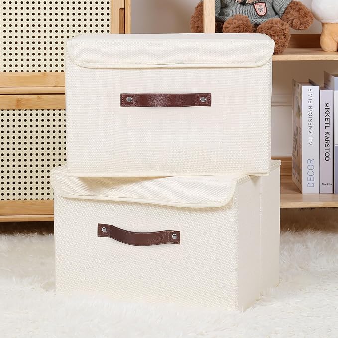 ANMINY Fabric Storage Box Bins with Lids, Beige, 15"x10"x10" | Keepsake Memory Storage, Cotton Linen, PP Board Reinforced, Washable, PU Handles, Foldable & Stackable, Decorative, Large