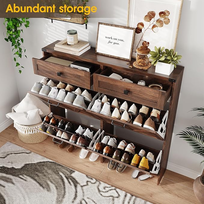 Halitaa Shoe Cabinet with 4 Flip Drawers & 2 Drawers,Farmhouse Shoe Storage Cabinet for Entryway,Slim Freestanding Organizer Rack for Front Door Entrance,Dark Walnut