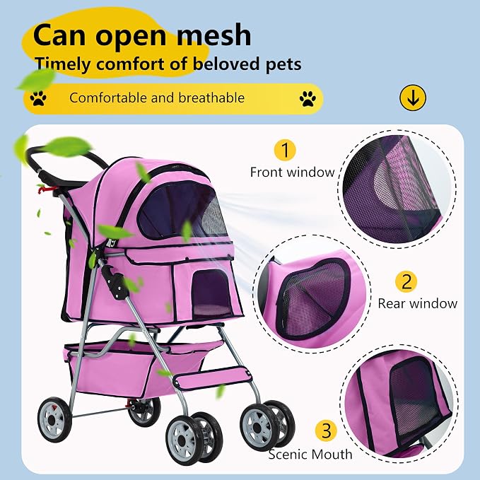 FDW Pet Stroller 4-Wheel Dog Cat Stroller Travel Folding Carrier Puppy Stroller with Cup Holder and Removable Liner for Small Medium Dogs Cats, Pink