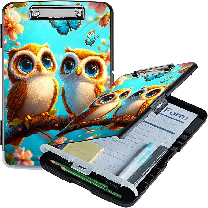 Owl Blue A4 Clipboard with Storage Pen Holder, Clipboards Organizer Nursing Clipboard Foldable File Folder Plastic Clipboard Folio Clip Board for Office Students Classroom Doctor