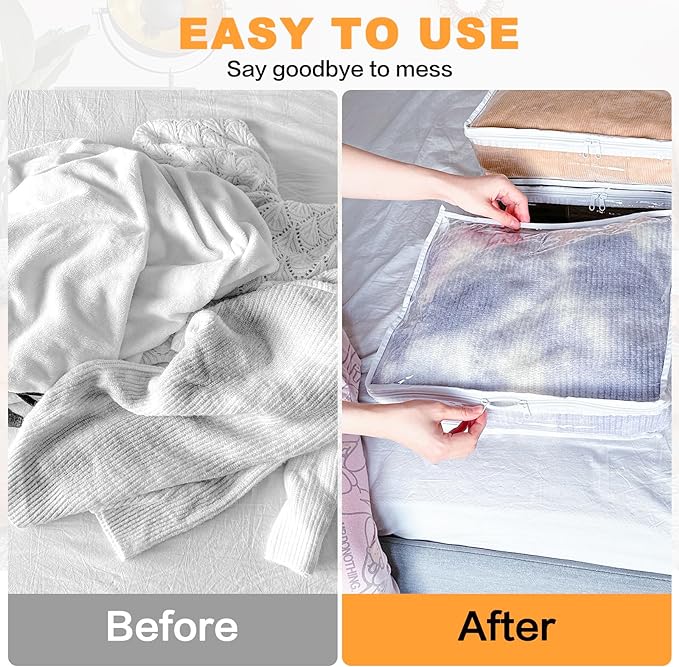 Clear Zippered Plastic Clothes Storage Bags, 6 Pack, White | Clear Storage Bags with Zipper Plastic Storage Bags for Clothes Sweaters Blankets Sheets, Size: 10.5 x 10.5 x 2.5 Inch