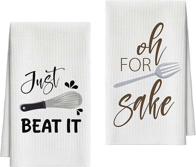 Kitchen Towels Set of 2, Egg Beater Fork Dish Towel for Kitchen, Decorative Hand Towels for Bathroom, Fast Drying Tea Towel with Funny Sayings, Housewarming Xmas Gifts for Women Mom -B19