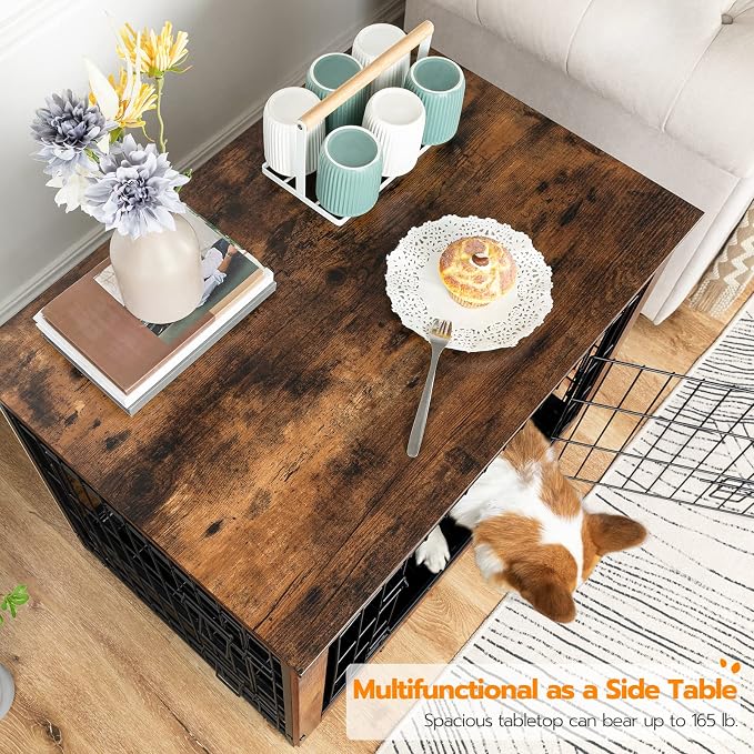 HOOBRO Dog Crate Furniture, 32.5" Medium Dog Kennel Indoor, Wooden Cage with Pull-Out Tray, Double Doors Pet House Side End Table for Medium/Small Dogs, Rustic Brown BF802GW03G1