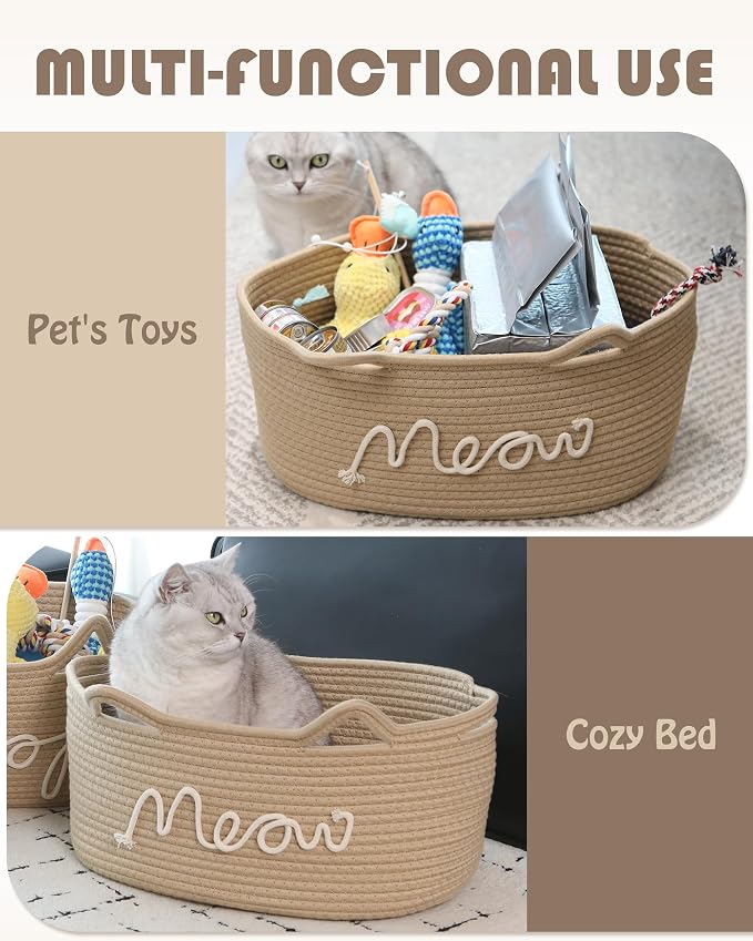Sea Team Cat Toy Storage Basket with Handles and Ears, Beige Meow | Large Cotton Rope Storage Bin, Shelf Basket, Organizer for Pet Chew Toys, Foods, 16.5 x 11 x 7 Inches, 4.4 Gallons