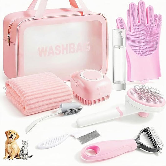 9PCS Dog Bath Kit & Dog Brush Kit - Professional Pet Grooming Tools Set for Dogs & Cats, Includes Shedding Brush, Bath Scrubber & Dematting Combs - Complete Dog Washing Essentials Pink