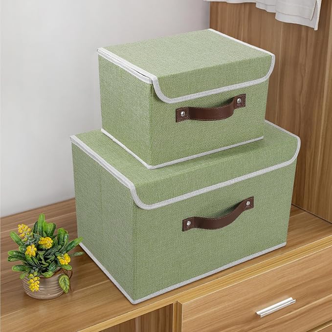 ANMINY Fabric Storage Box Bins with Lids, Green, 13"x9"x7.9", 2 Pack | Keepsake Memory Storage, Cotton Linen, PP Board Reinforced, Washable, PU Handles, Foldable & Stackable, Decorative, Medium