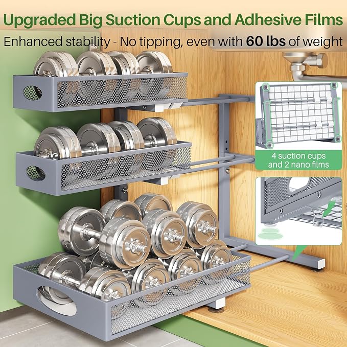 Kitstorack Under Sink Organizer 3-Tier Slide Out Drawer 1-Pack Grey | Height Adjustable, Metal Mesh Storage Rack, Pull out Cabinet Organizer Shelf for Bathroom Kitchen Pantry Home Organization
