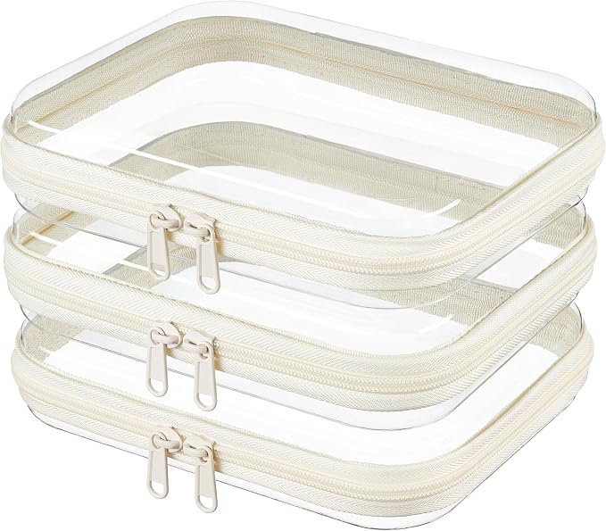3-PCS Medium Clear Hard Shell Zipper Pouches, Clear Zipper Bags | Ivory Hard Case Pouches for Purse & Diaper Bag Organizer, Travel Essentials, Clear Storage Bags, and Travel Zipper Container