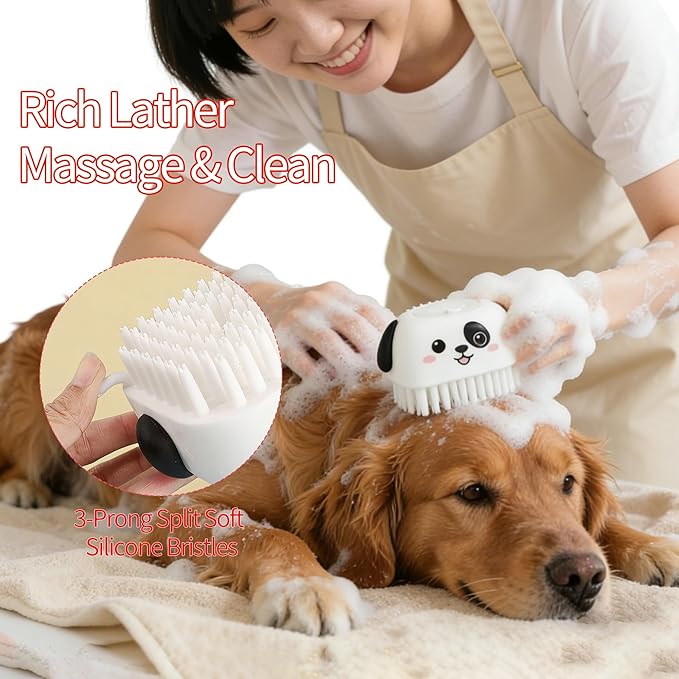 3PCS Pet Grooming Kit – Dog Bath Brush with Soap Dispenser & 2 Finger Toothbrushes | Silicone Dog Shampoo Brush for Small Medium Large Dogs, Soft Deshedding Massage Brush for Puppy & Cats