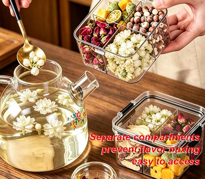 2 Pack 4 Compartment Airtight Food Storage Containers,460 ml Divided Clear Storage Box,Stack able Sealed Spice Tea Organizer for Loose Leaf Dried Tea Flower Snack Seasoning Pantry Counter Cabinet