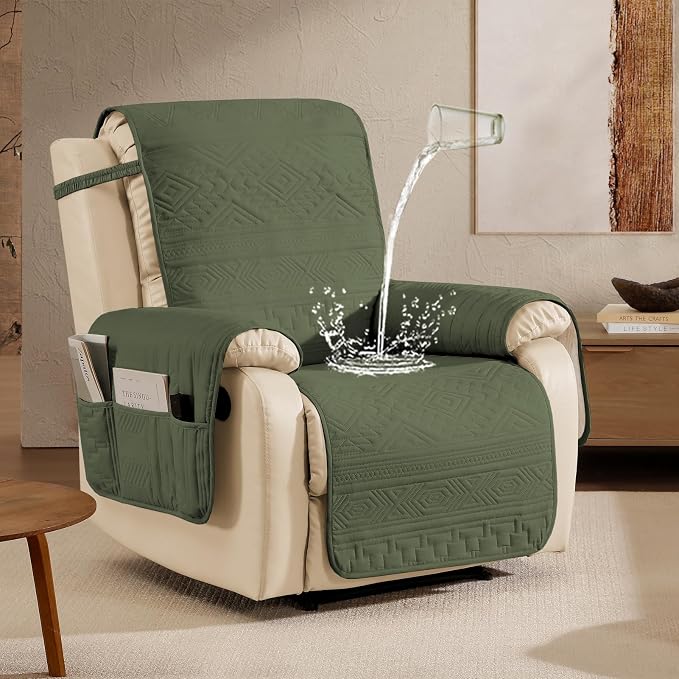 Boho Quilted Recliner Covers, Water-Repellent Recliner Slipcovers, Lazy Boy Chair Covers, Pet Friendly Recliner Cover for Dogs Cats, Washable Furniture Protector (Recliner 22", Olive Green)