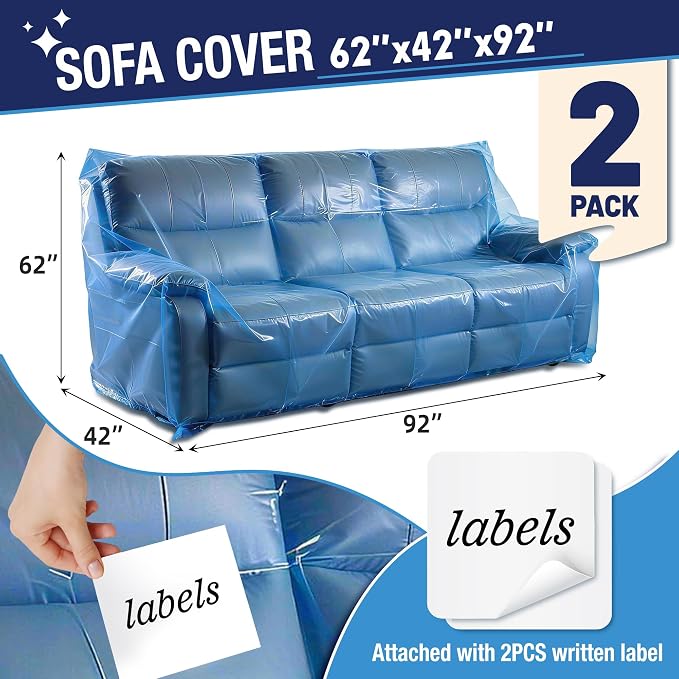Extra Large Sofa Moving Cover for Storage Transportation, Sofa Couch Clear Plastic Moving Cover with Labels, Waterproof and Dust Proof, Bag Open Size 92x 62 x 42 Inch, Blue, 2 Pack