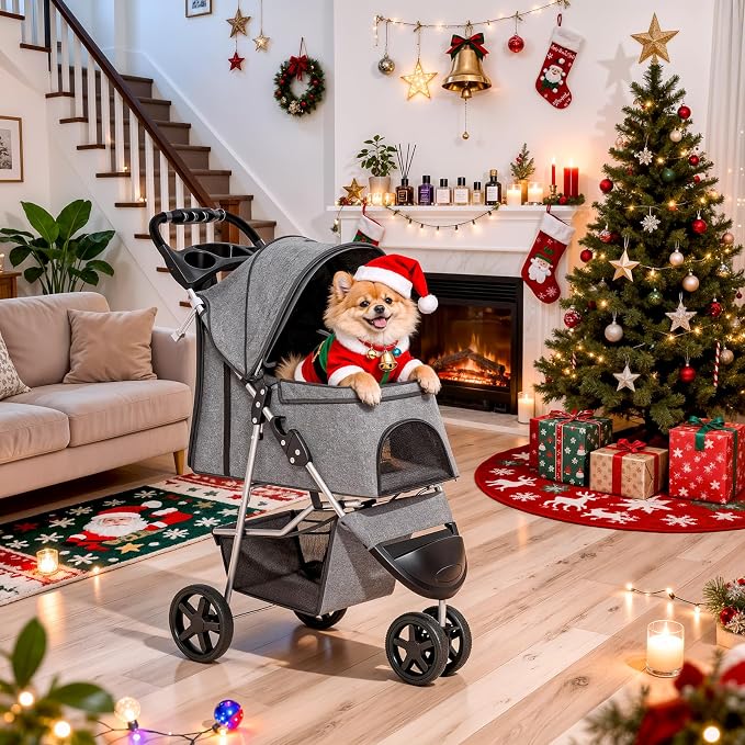 MoNiBloom Pet Stroller for Small/Medium Dogs and Cats up to 33 lbs, Gray | Foldable Dog Stroller 3 Wheels Pet Strolling Cart w/ Storage Basket Cup Holder, Breathable and Visible Mesh for All-Season