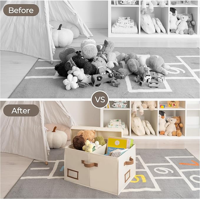 StorageWorks Large Clothes Storage Bins, Fabric Boxes with Divider Board, Baskets for Clothes, Linen Closet Organizers with Lid, Ivory White, 2-Pack