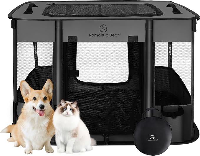 ROMANTIC BEAR Dog Playpen,Foldable Pet Puppy Cat Playpen,M(32"x24"x22") | Dog Crate with Upgrade Breathable Mesh and Durable 600D Oxford Cloth,Sturdy Dog Cage Indoor & Outdoor for Small Animals,Grey