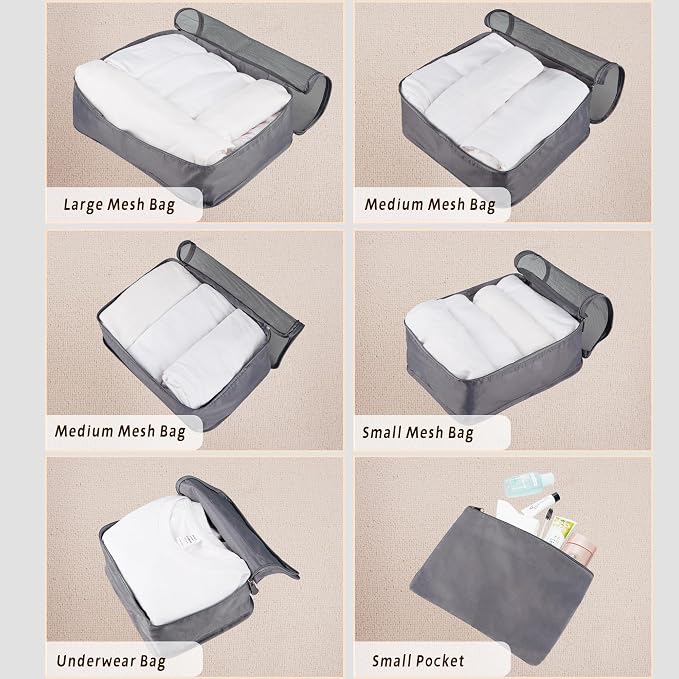 Vercord 7 Set Travel Packing Organizers Cubes Luggage Suitcase Organizer Bags Clothes Underwear Cube Shoe Pouch Pack Grey
