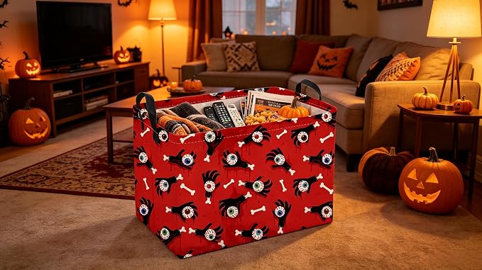 Sanjiaofeng Rectangular Halloween Ghost Hand Storage Basket,Trick or Treat Basket for Kids,Halloween Candy Storage Baskets with Handles(Ghost Hand)