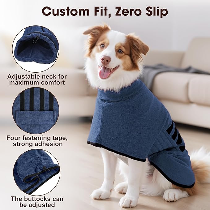 Microfibre Dog Bathrobe Towel Wrap Super Absorbent Dog Drying Coat Bath Robe for Puppy, Medium & Large Dogs, Fast Drying, Adjustable
