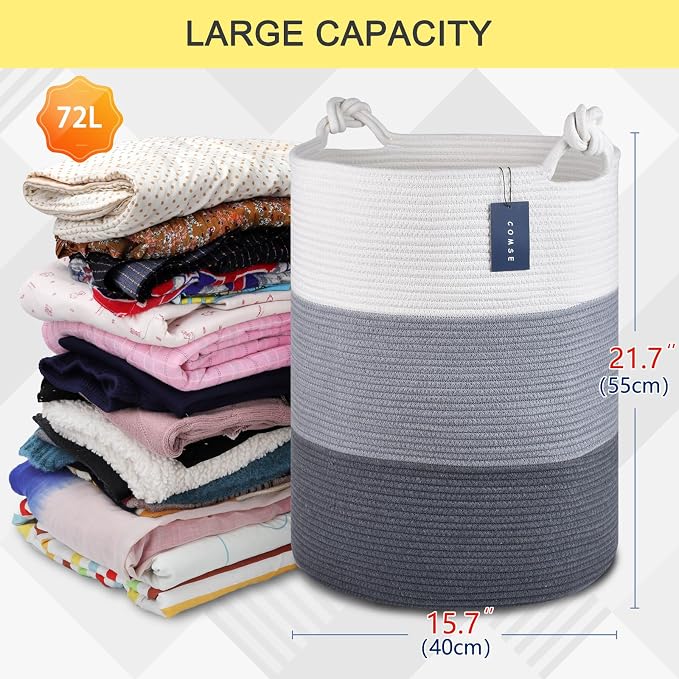 COMSE Laundry Hamper, Extra Large 15.7"x 21.7", Cotton Rope Basket, Portable, White & Light Gray & Dark Gray | 15.7”x 21.7”, Cotton Rope, Large Nursery Hamper for Storage of Toys Clothes Towels, Great for Living Rooms Bedrooms Bathrooms