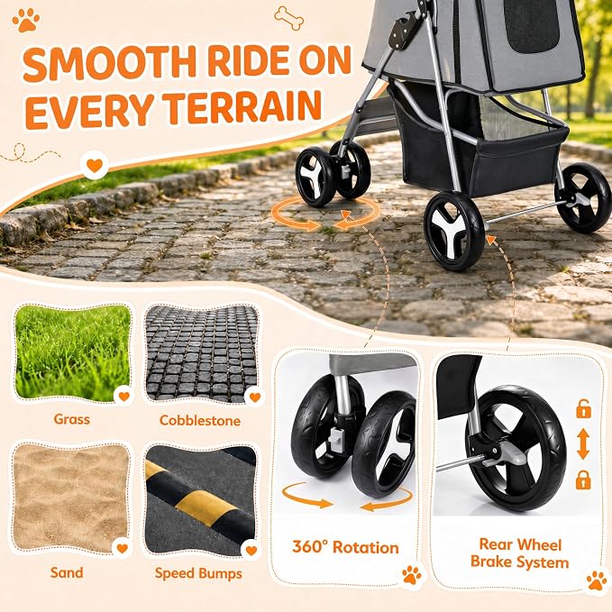 ZENY Foldable Pet Stroller, Cat/Dog Stroller with 4 Wheels | Pet Travel Carrier Strolling Cart with Storage Basket, Cup Holder (Grey)