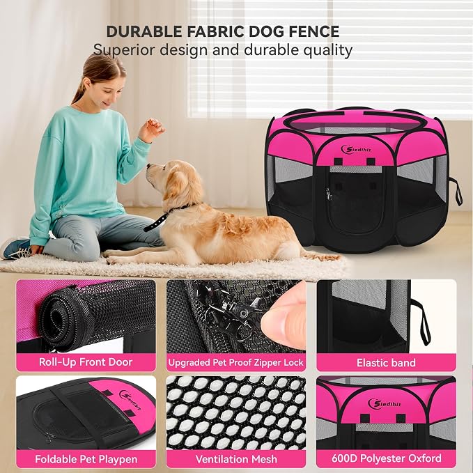 Siedihit Dog Cat Playpen, Large Puppy Pet Playpen, Dog Crate Tent Cage | Indoor/Outdoor, Portable Pop Up Dogs Kennel Playpen with Carrying Case for Dogs/Cats/Rabbits, Hot Pink