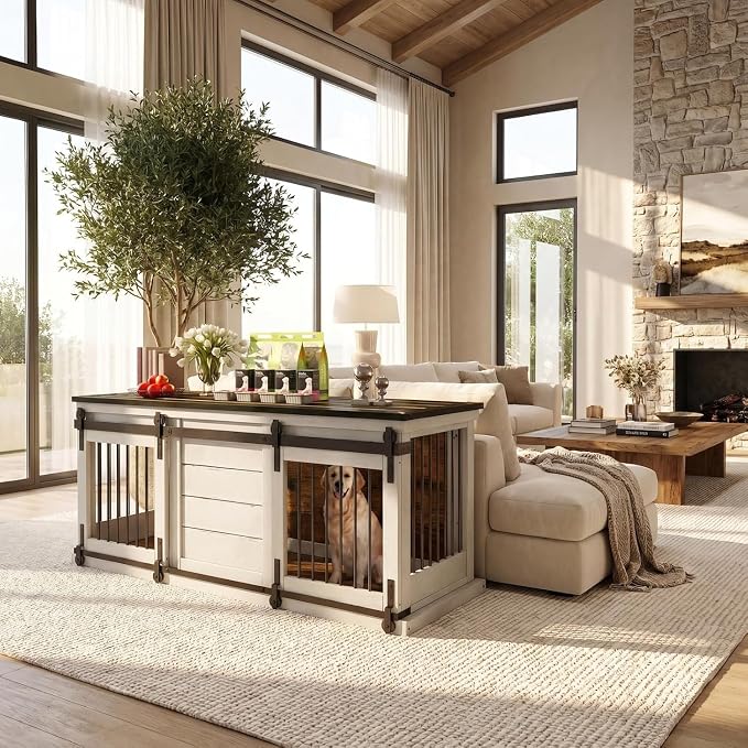 62" Farmhouse Dog Crate Furniture for 2 Large Dogs, Distressed White | Solid Wood Crate Furniture, Removable Divider, Dual Sliding Barn Doors, 2 Locks, Spacious Design, Heavy-duty TV Stand.