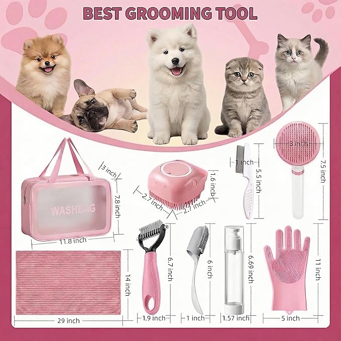 9PCS Dog Bath Kit & Dog Brush Kit - Professional Pet Grooming Tools Set for Dogs & Cats, Includes Shedding Brush, Bath Scrubber & Dematting Combs - Complete Dog Washing Essentials Pink