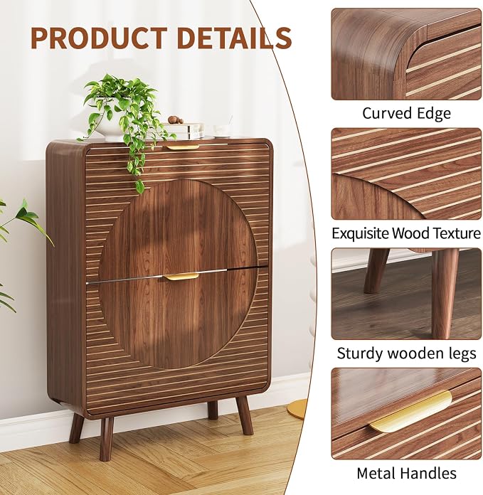 Shoe Storage Cabinet with 2 Flip Drawers for Entryway, 27.5" Freestanding Hidden Shoe Rack Cabinet, Narrow Shoe Organizer for Hallway, Foyer, Walnut