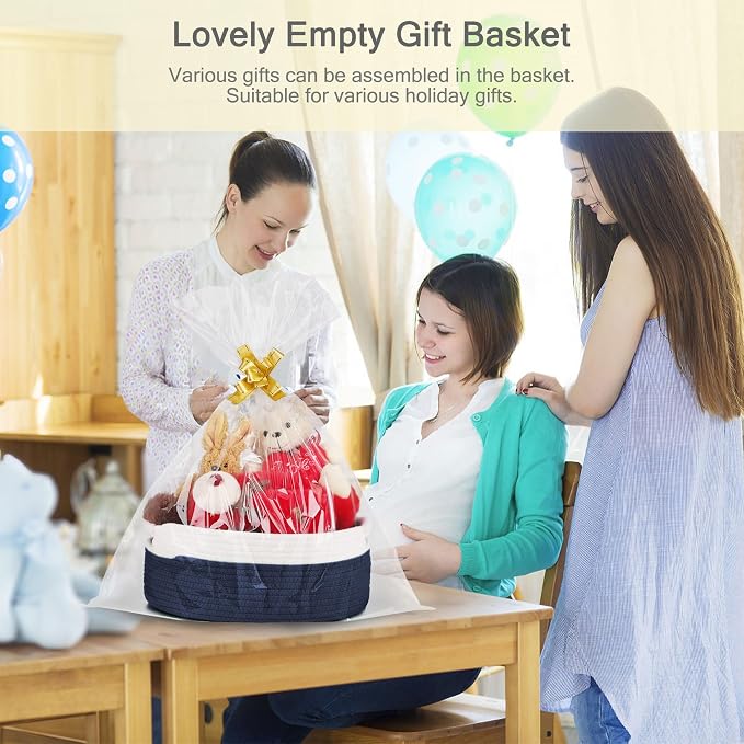 Small Woven Gift Basket with Bag & Ribbons, Navy Blue | Cotton Rope, 13”x 9”x 5.5”, Fits for Kids, Women & Men, Bedroom, Living Room, Nursery & Bathroom Storage, Cat & Dog Toy Boxes