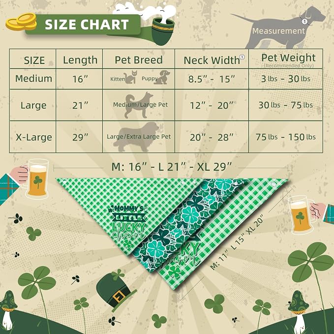 Dog Bandanas for St. Patricks Day 2-in-1 Daddy's/Mommy's Little Lucky Charm - Double-Sided Green Plaid, Pet Lucky Holiday Costumes Scarf with Snap Button, Small & Medium Breeds (5-30lbs)