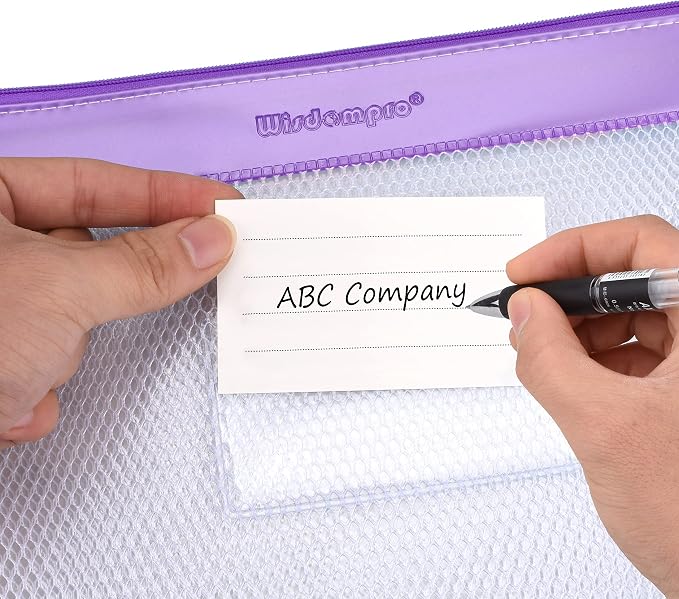 Wisdompro Zipper Pouch, 4 Pack Waterproof Mesh File Bag, Document Organizer | 13.3x9.8", Letter Size Mesh Bag with Outer Label Pocket, Durable, Perfect for File, Paper, Pen, Office, School & Home, Purple