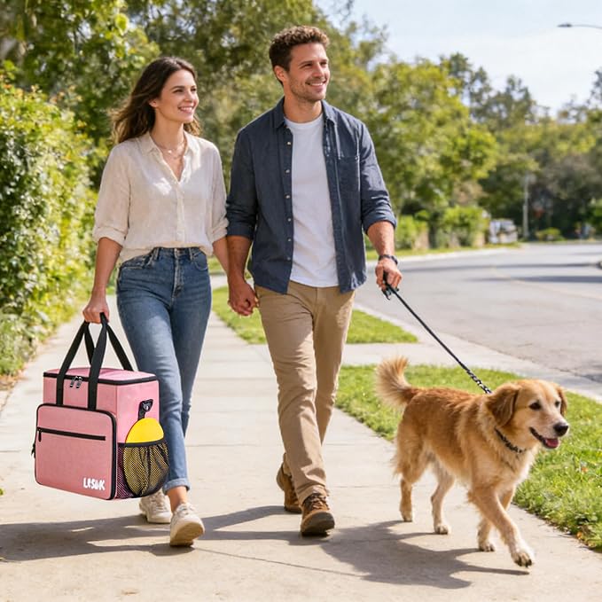 Dog Travel Bag, Large Pet Travel Set with Multi-Function Pockets | 2 Food Storage Containers, 2 Collapsible Bowls, 1 Feeding Mat for Pet Supplies, Road Trip Essentials, Weekend Camping, Pink