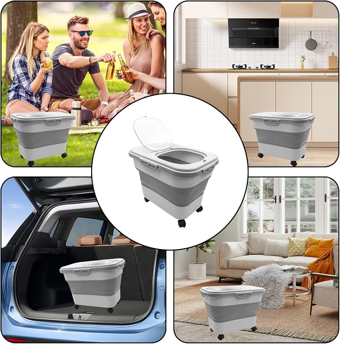 20-30 Lbs Grey Collapsible Airtight Rice Pet Food Storage Container | With Rolling Wheels Lock Lid Scoop Cup, Large Bin for Rice Flour Pet Food Home Storage