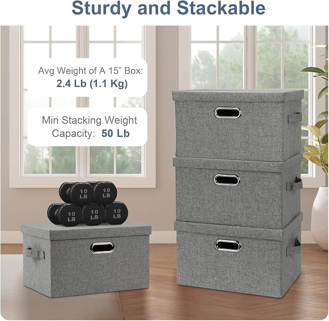 Graciadeco Medium 15" 21 Quart Collapsible Stackable Storage Bins with Lids, 5 Packs Grey Foldable Fabric Closet Boxes Heavy-duty Linen Cube Baskets Container for Bedroom Office (15 x 11 x 8) | 21 Quart 5 Pack Gray1 Collapsible Stackable Linen Fabric 4...