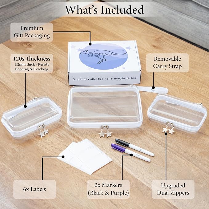 Clear Hard Shell Zipper Case Set (1Large + 2Small), 120s Thick PET Plastic Storage Bags, Dual Zipper Travel Organizer with Star Charms, Removable Strap, Removable Labels & 2 Markers