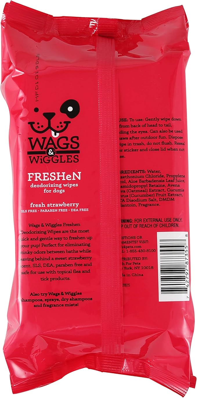 Wags and Wiggles Freshen Deodorizing Wipes for Dogs, Fresh Strawberry Scent - Dog Wipes that Eliminate Odors Between Baths, Easy at-Home Grooming, Dogs and Puppies, 100 Count - 12 Pack