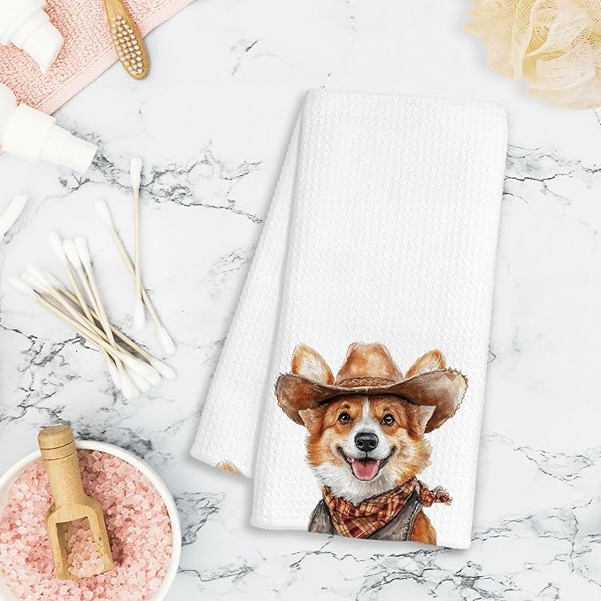 Western Corgi Dog Gifts Kitchen Towels Decorative - Gifts for Corgi Lovers Dish Tea Towels for Kitchen Drying, Cowboy Hat Dog Hand Towels for Bathroom Decor, 16x24 Inch